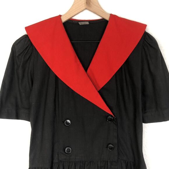 VTG NAYA 1980s Drop Waist Midi Dress Sz S Black Red 100% Cotton Button Pockets - Picture 10 of 12